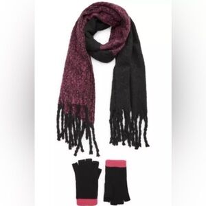 BP Nordstrom NEW Brushed Fringe Scarf & Fingerless Gloves Set Burgundy/Black